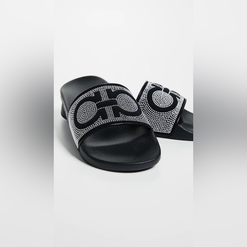 Ferragamo Black Studded Slides Logo Sandals Chic Summer Designer - Picture 2 of 6